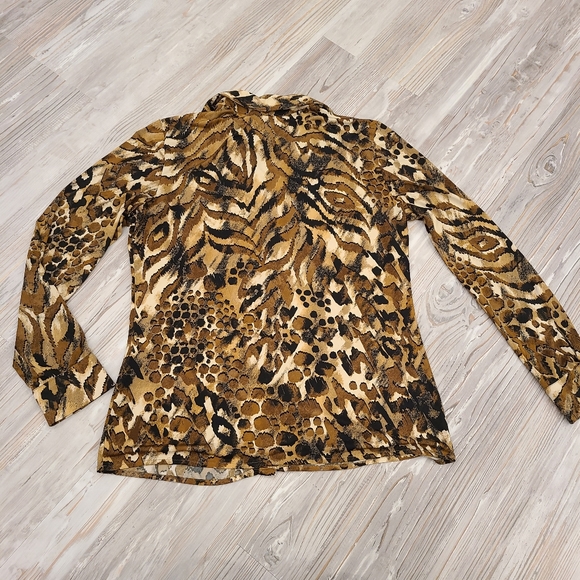 Melanie Lyne Size 12 Animal Print Stretch Button Up Collar Blouse - Picture 2 of 7